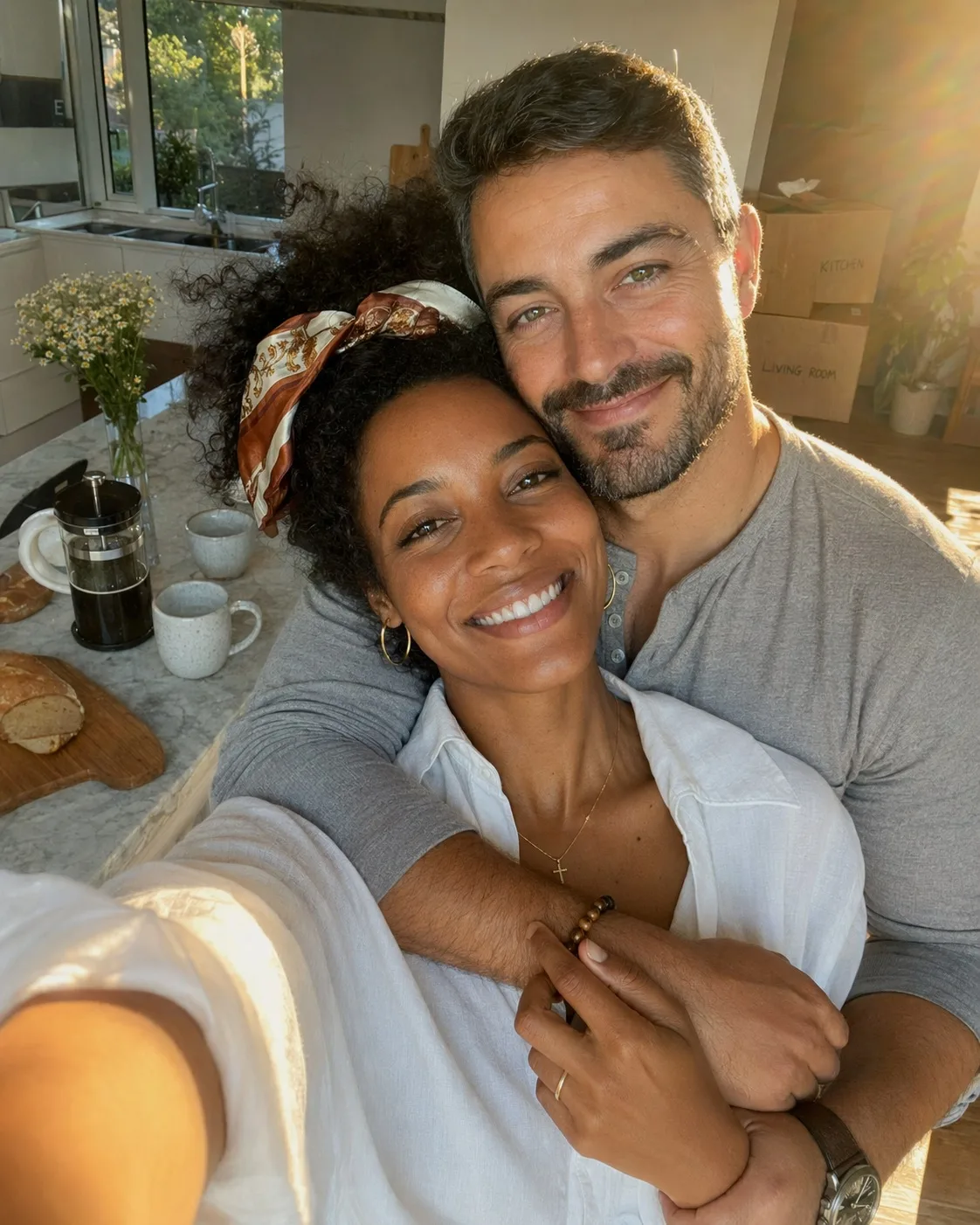 Casal sorrindo em um passeio pela cidade